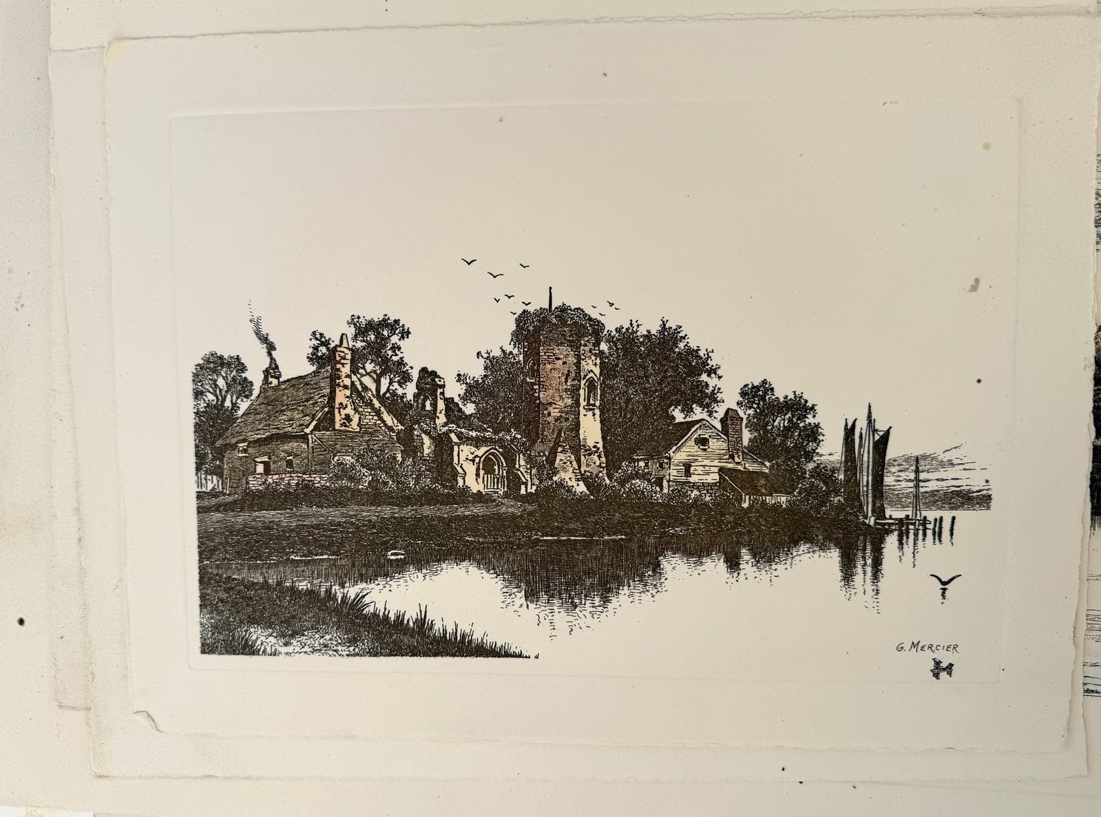 G. Mercier Lake Colorized Lithograph Print: Vintage Scenic lake by G. Mercier colorized Hand struck lithograph