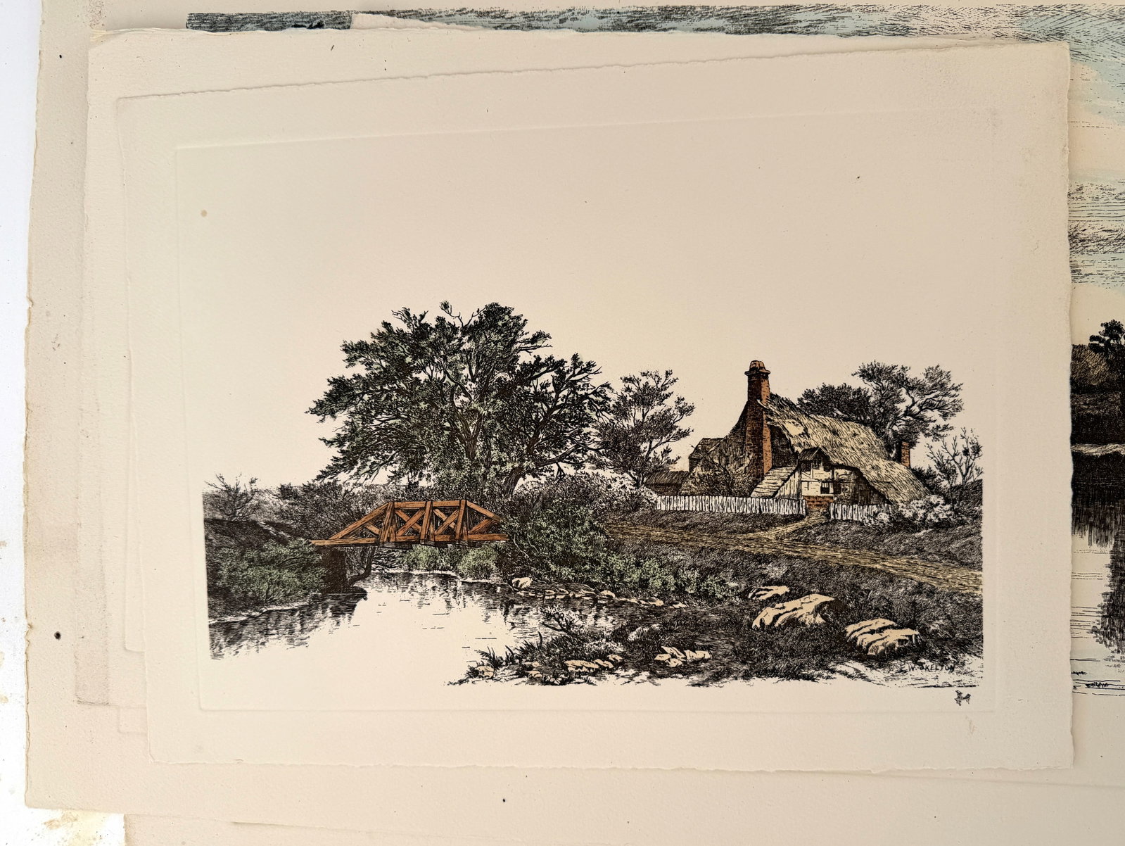 E.W. Skelton Cottage & Bridge Colorized Lithograph: Vintage cottage and bridge by E.W. Skelton colorized Hand struck lithograph