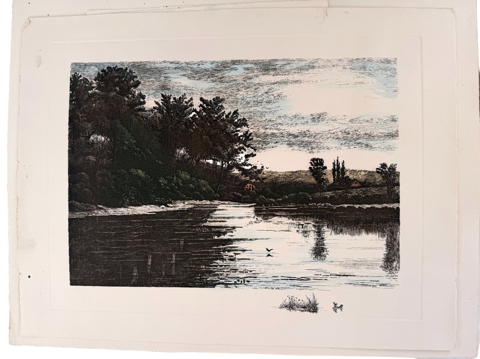 Church by Lake Colorized Lithograph Etching Print (1 of 1)