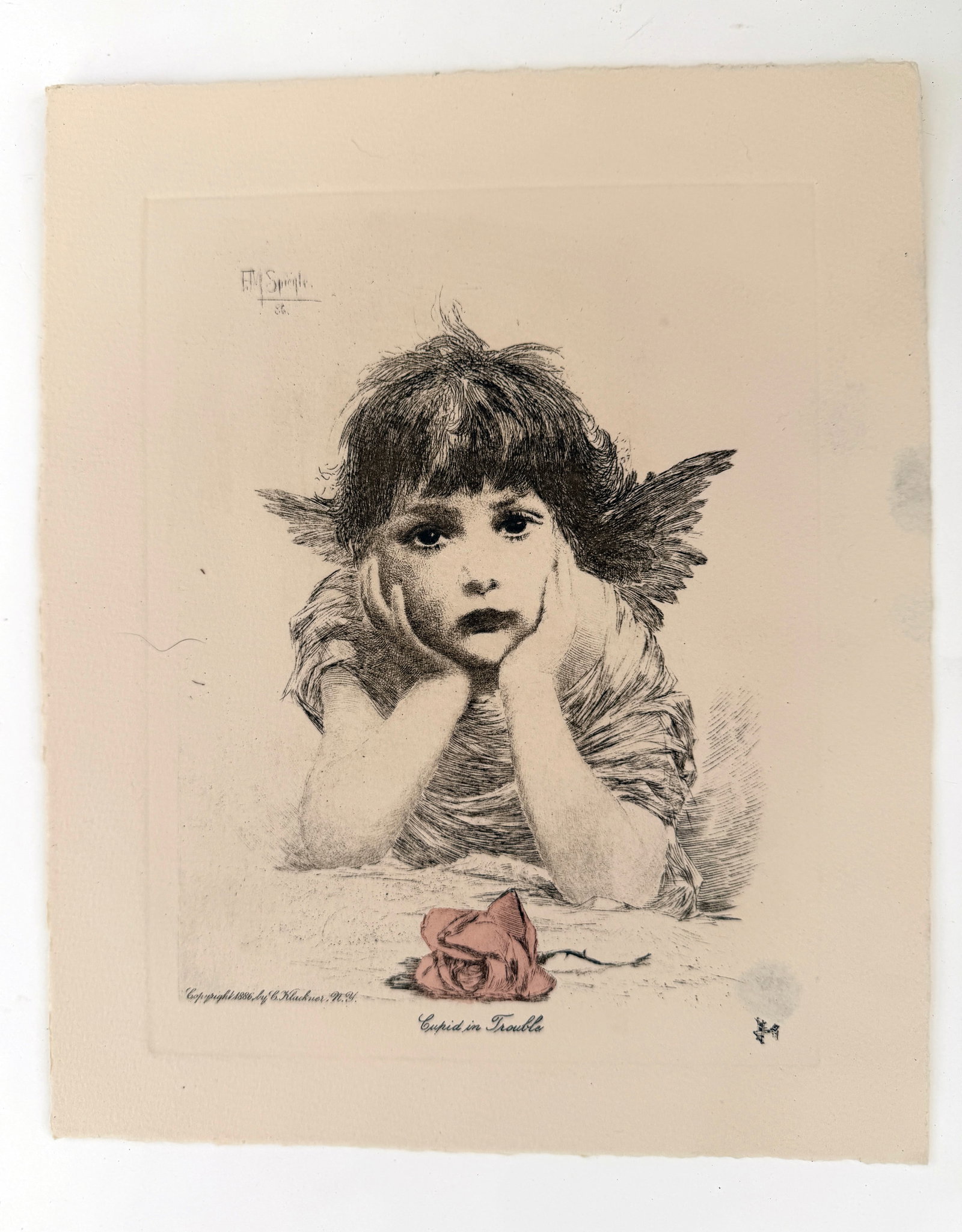 Cupid in Trouble Lithograph Etching Print: Vintage Etching by F.M Spiegle "Cupid In Trouble" dated 1886 colorized hand struck lithograph
