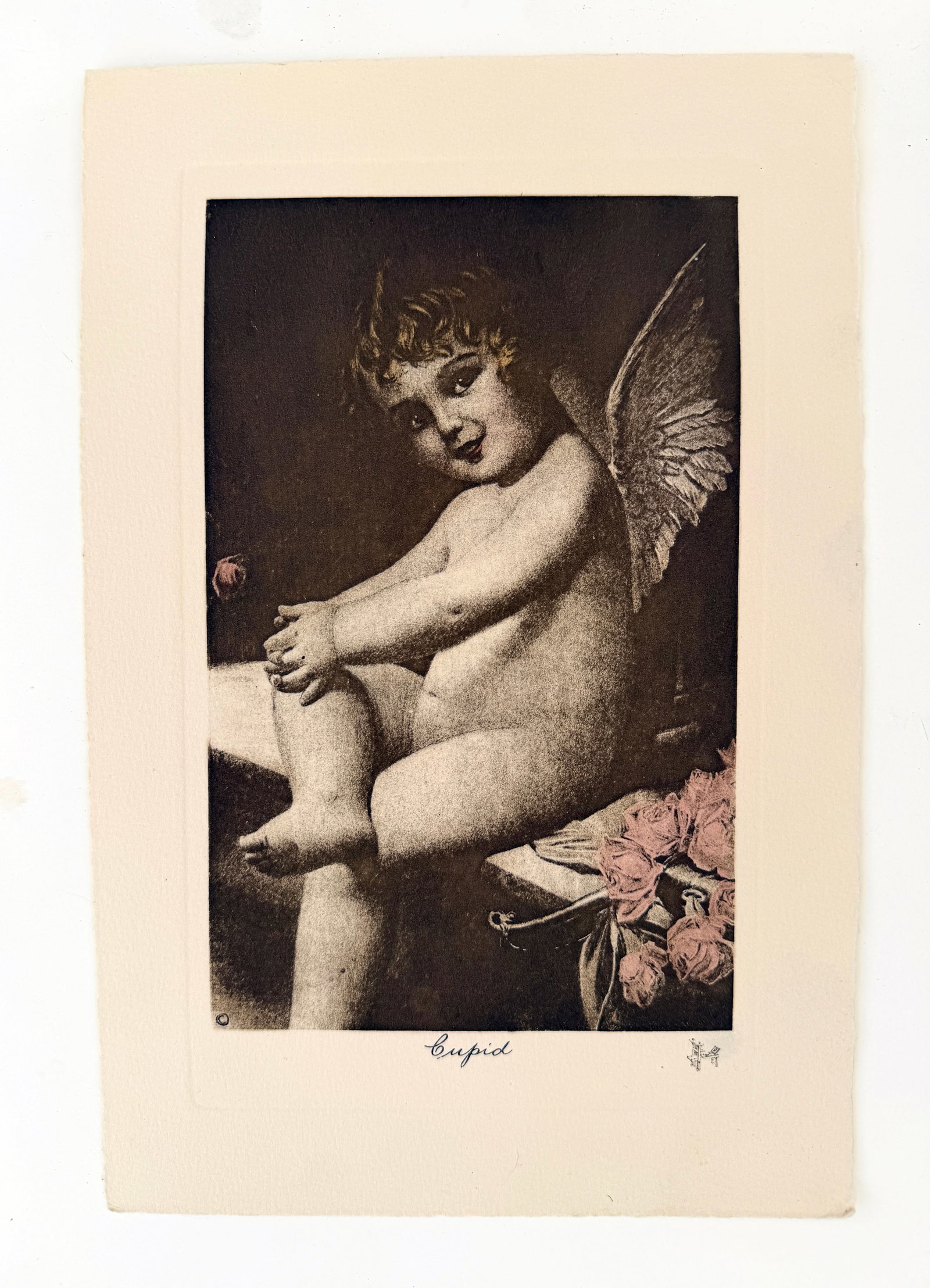 Vintage Cupid Lithograph Colorized Etching Print: Vintage Cupid etching colorized hand struck lithograph