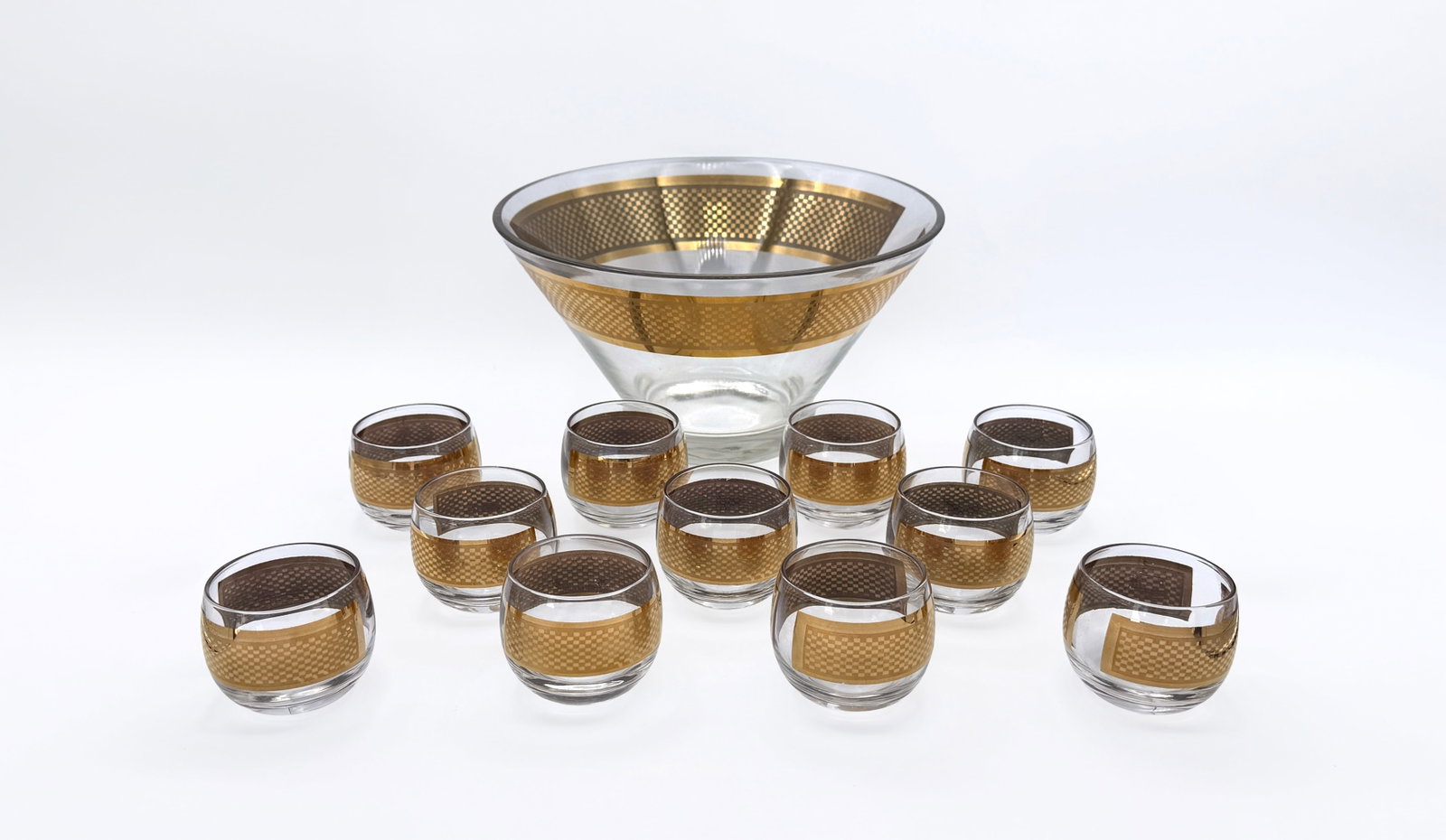 Culver Mercury Gold Punch Bowl with 11 Cups: MCM Culver Mercury Gold Punchbowl w/ 11 cups - Checkered pattern