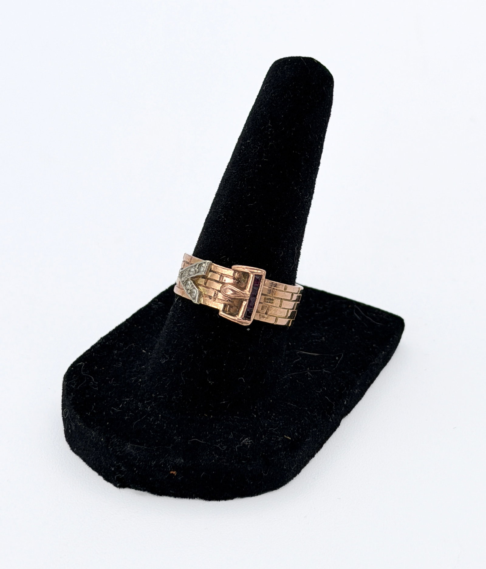1940s 14k Rose Gold Diamond Buckle Ring s.7: Size 7 Vintage 1940s Art Deco 14k Rose Gold Diamond Buckle Ring. 5 grams total weight. Tested 14K with a stamp on the inside of the ring. Featuring 4 natural rubies (tested positive as precious stones