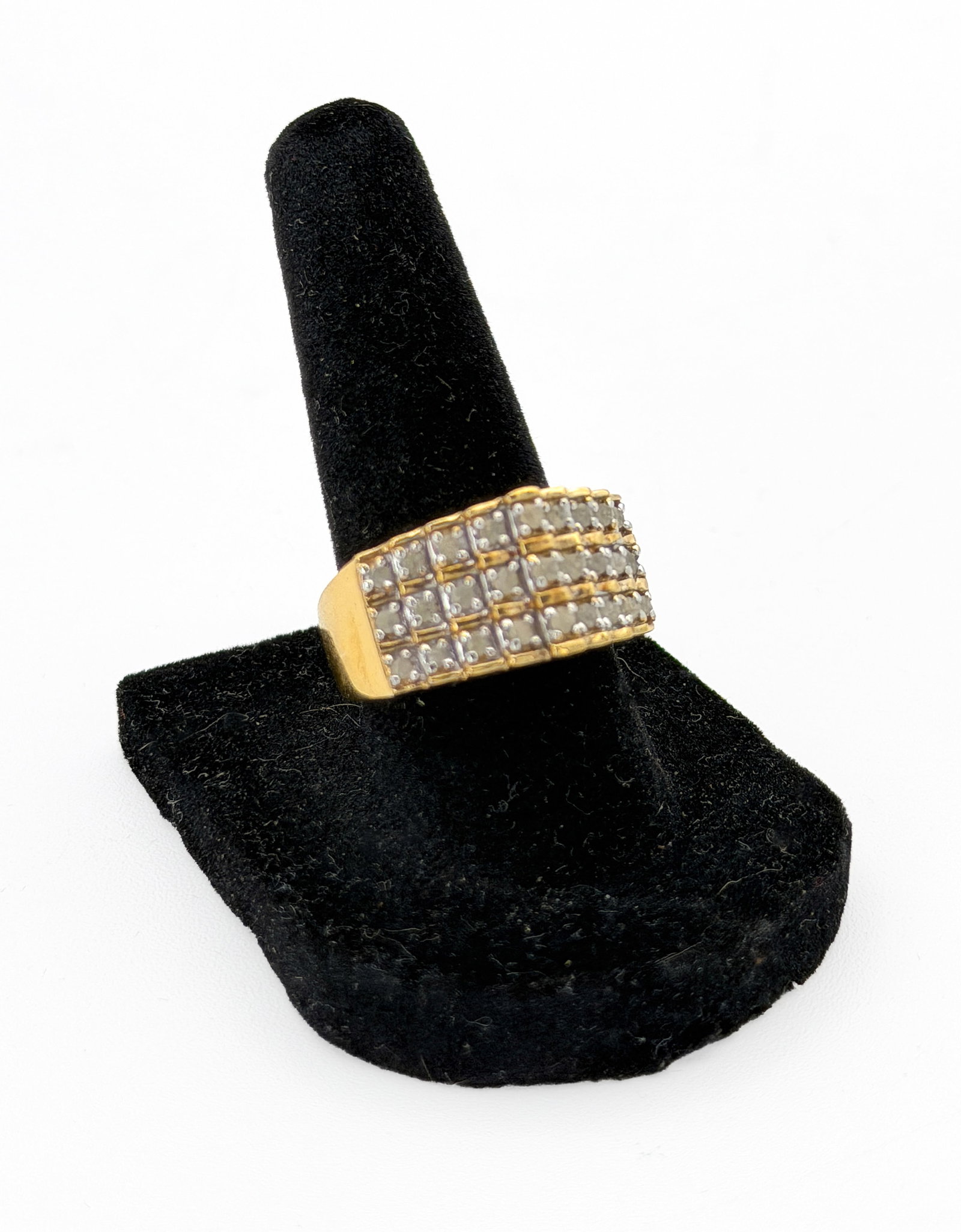 27 Diamond Silver 925 cocktail anniversary ring s.7: Vintage Brutalist style natural diamond ring 925 hallmark JWBR Sterling Silver setting with 27 Round Natural Diamonds covered in gold plate, 4 mm shank graduates to 12 mm at ring top, Ring Weight is a