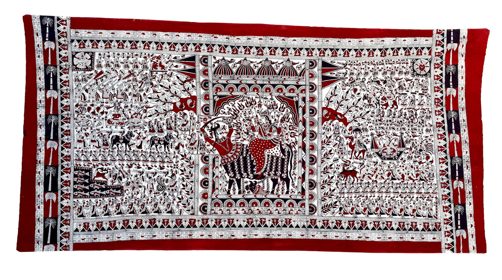 Gujarati Mata ni Pachedi Solanki Goddess Cloth: Large Gujarati Mata ni Pachedi ceremonial temple cloth, depicting the multi-armed Solanki Mata seated upon a composite animal beneath an architectural canopy. The central image is surrounded by densel