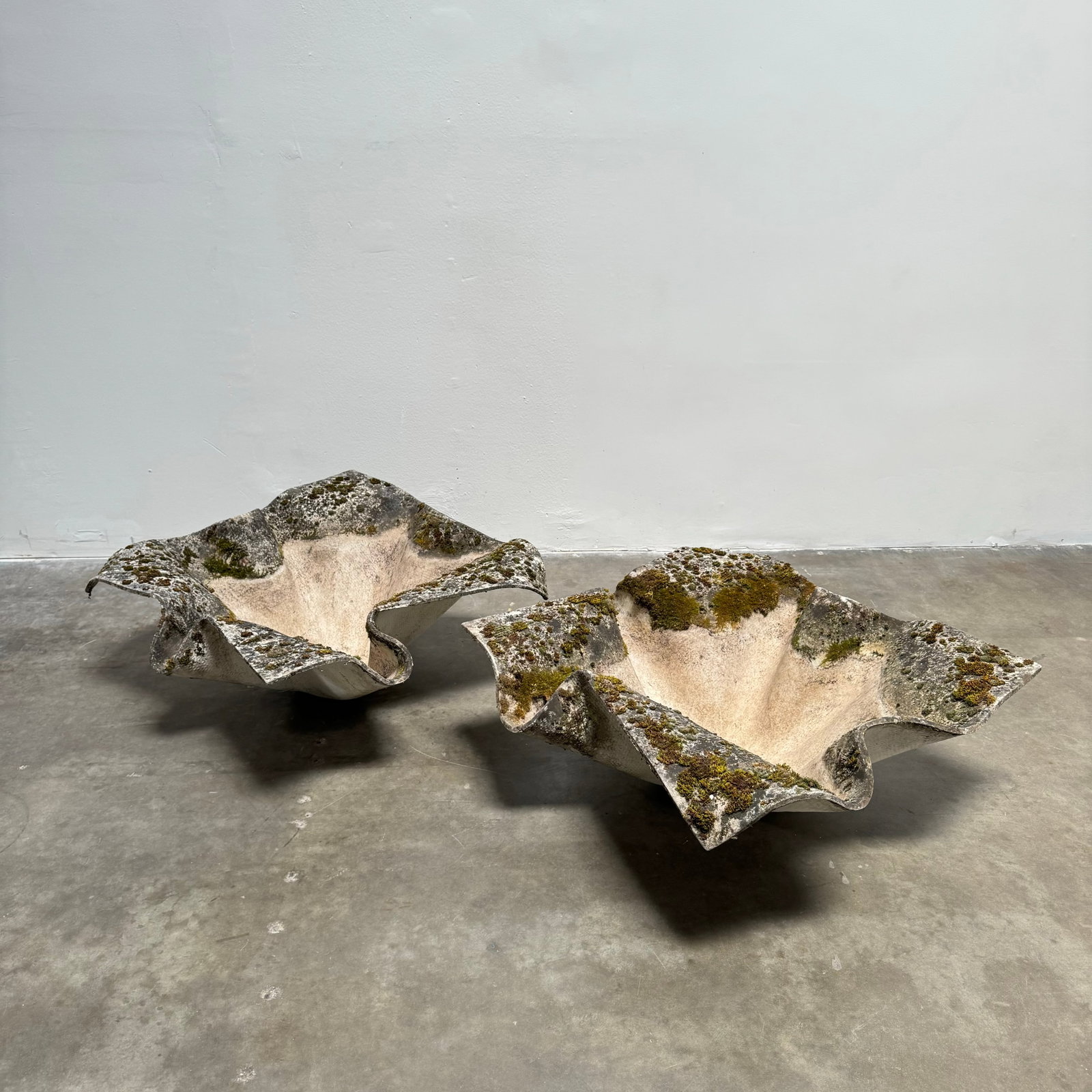 Pair of Willy Guhl 'Elefantenohr' (Elephant's Ear) Planters, Switzerland circa 1960: Pair of large 'Elefantenohr' (Elephant's Ear) planters, also known as handkerchief planters, by Willy Guhl for Eternit, Switzerland circa 1960. Factory-drilled drainage holes. Wonderful patina. Height