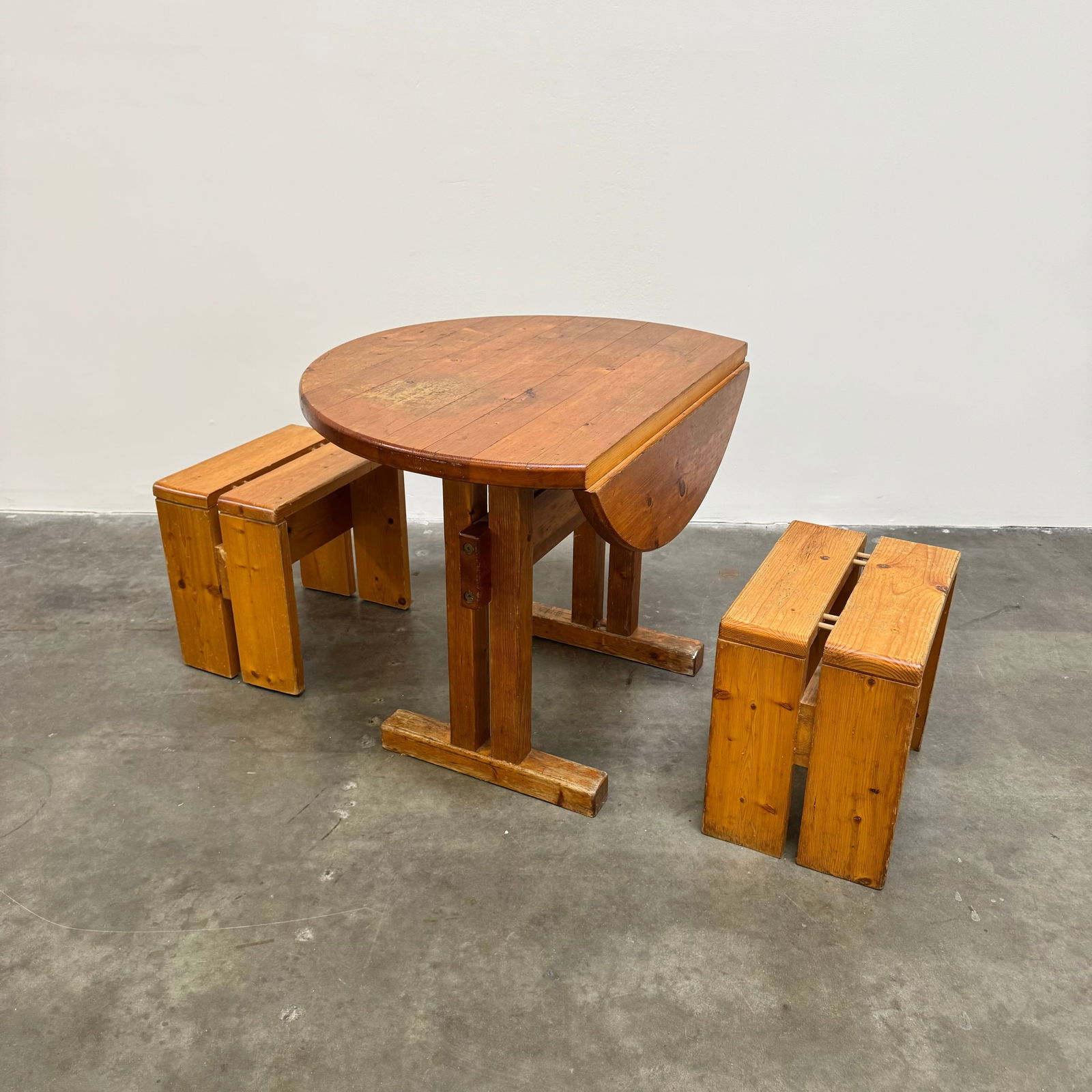 Charlotte Perriand for Les Arcs Drop Leaf Dining Table and Pair of Stools, France 1960s (1 of 14)