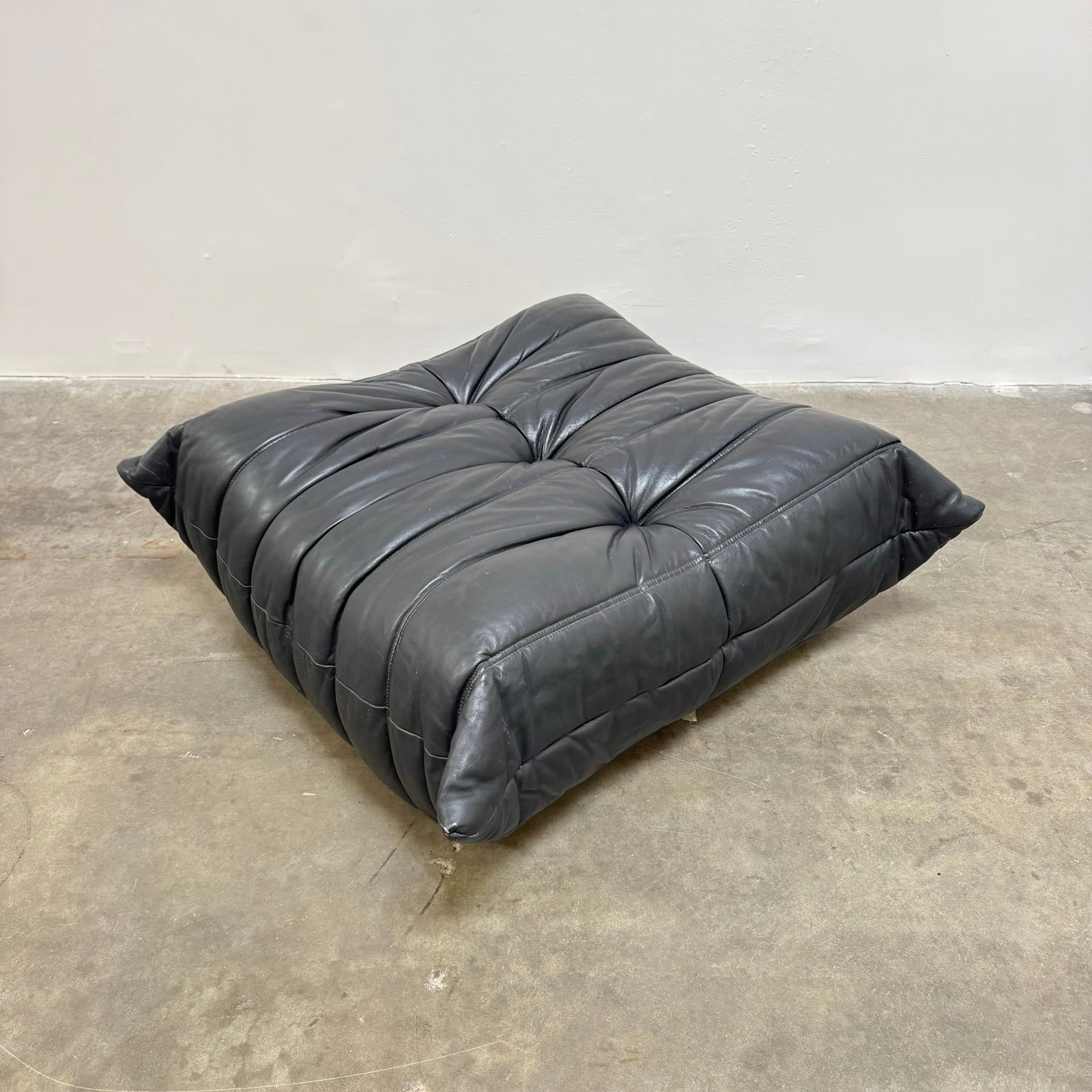Ligne Roset Black Leather Togo Ottoman, France 1980s (1 of 9)