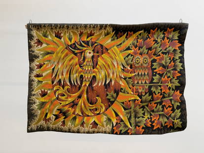 Large Day and Night Wool Tapestry by Alain Cornic: A stunning wool tapestry by Alain Cornic, showcasing intricate details and a vibrant depiction of day and night elements. The craftsmanship and color composition make this a striking textile artwork.