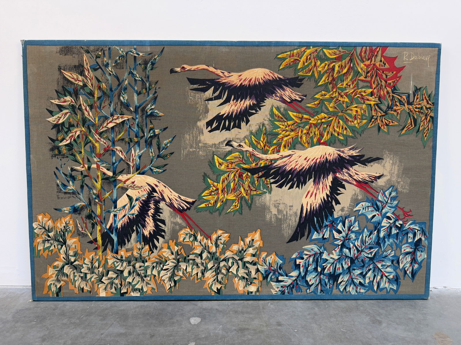 1950 Flight of Flamingos Hand Printed Tapestry by Robert Debieve (1 of 7)