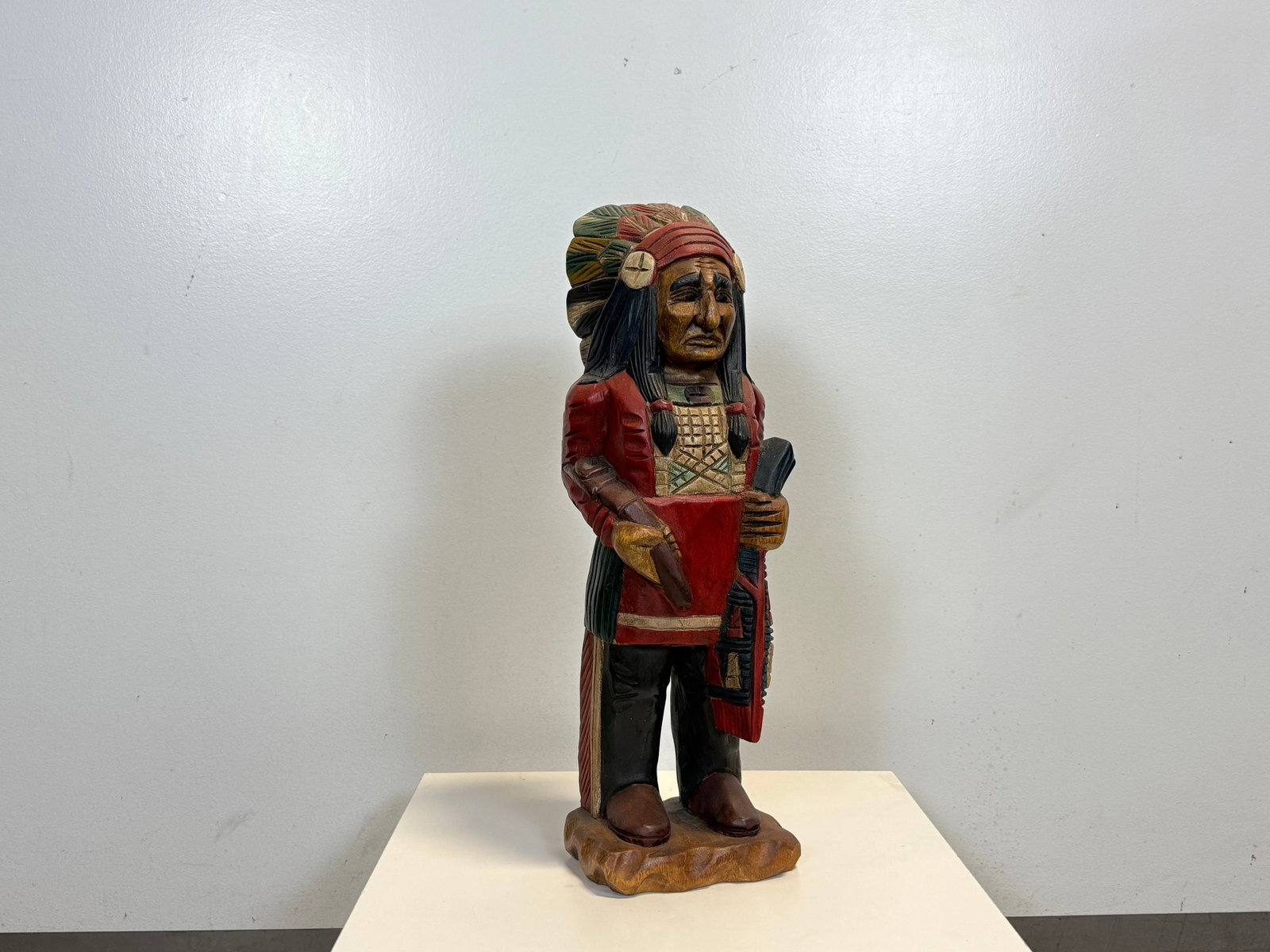 Handcrafted Wooden Native American Chief Statue: Height: 21 in. Width: 7 in. Depth: 6 in.