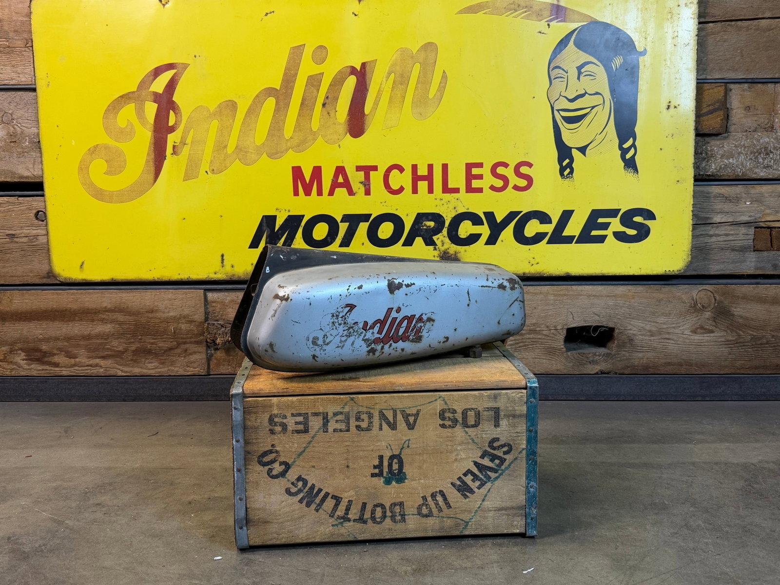 Indian Motorcycle Grey Gas Tank: 1974, original grey paint, Height: 15:75 in. Width: 8 in. Depth: 6 in.