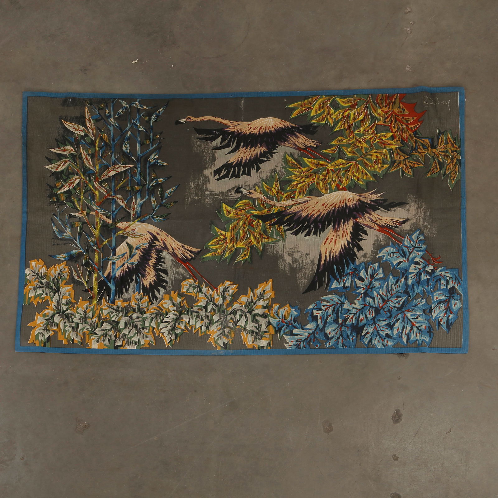 Robert Debieve Hand Printed Tapestry,  The Flight of Flamingos, 1960s (1 of 6)