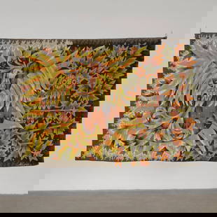 Large Day and Night Wool Tapestry by Alain Cornic, 1960s: A stunning wool tapestry by Alain Cornic, showcasing intricate details and a vibrant depiction of day and night elements. The craftsmanship and color composition make this a striking textile artwork.
