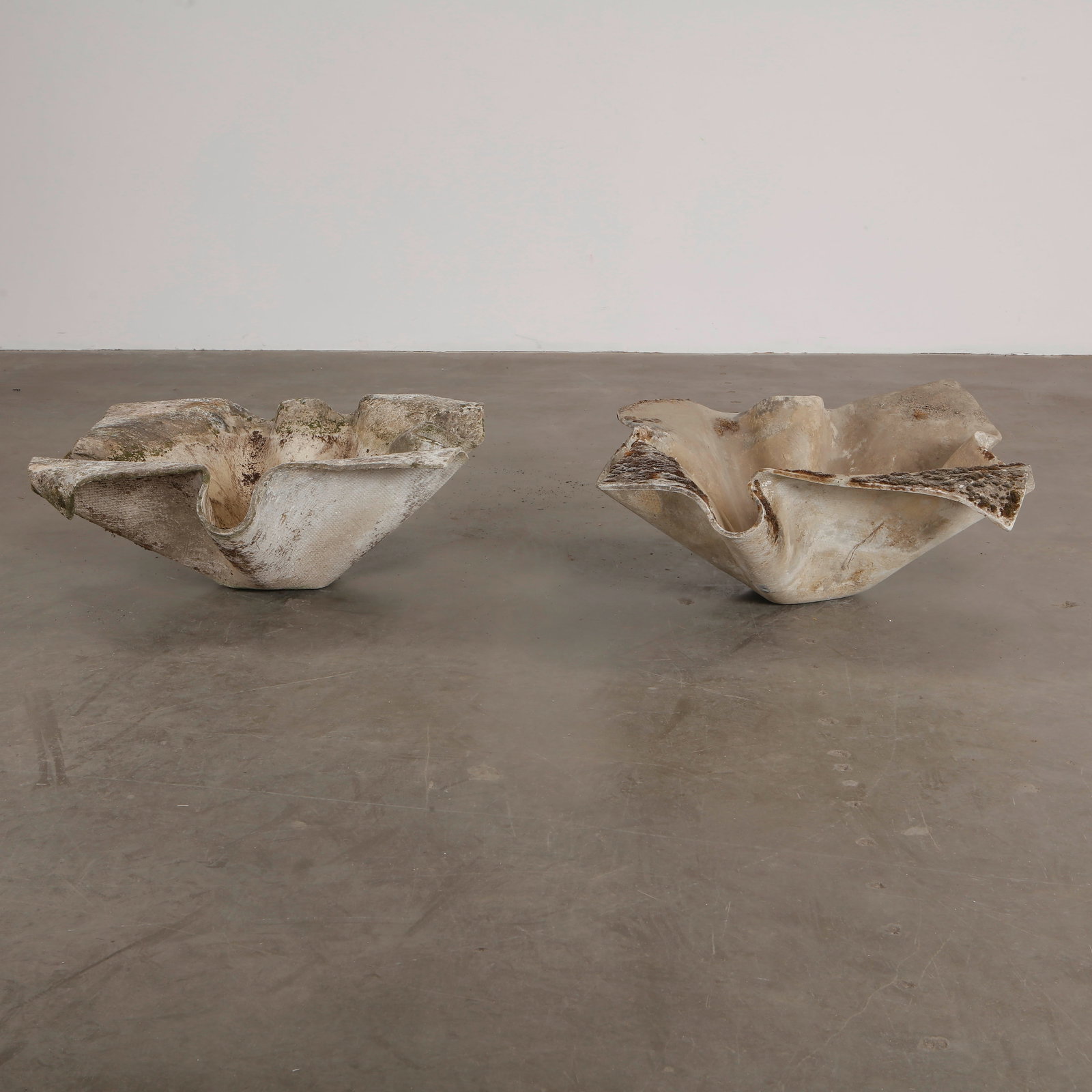 Pair of Large Willy Guhl Elefantenohr Elephant Ear Planters, Switzerland, circa 1960: Pair of Large Elefantenohr, Elephant Ear planters, also known as handkerchief planters, by Willy Guhl for Eternit, Switzerland circa 1960. Factory-drilled drainage holes. Wonderful patina. Height: 12 