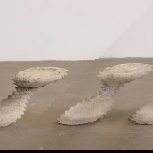 Pair of Cement Stools by Angelo Mangiarotti, 1960s: Sculptural pair of Angelo Mangiarott hourglass-shaped cement stools with rich surface aging. Versatile as seating or accent tables, indoors or out. Top Diameter: 16 in. Bottom Diameter: 14 in. Height: