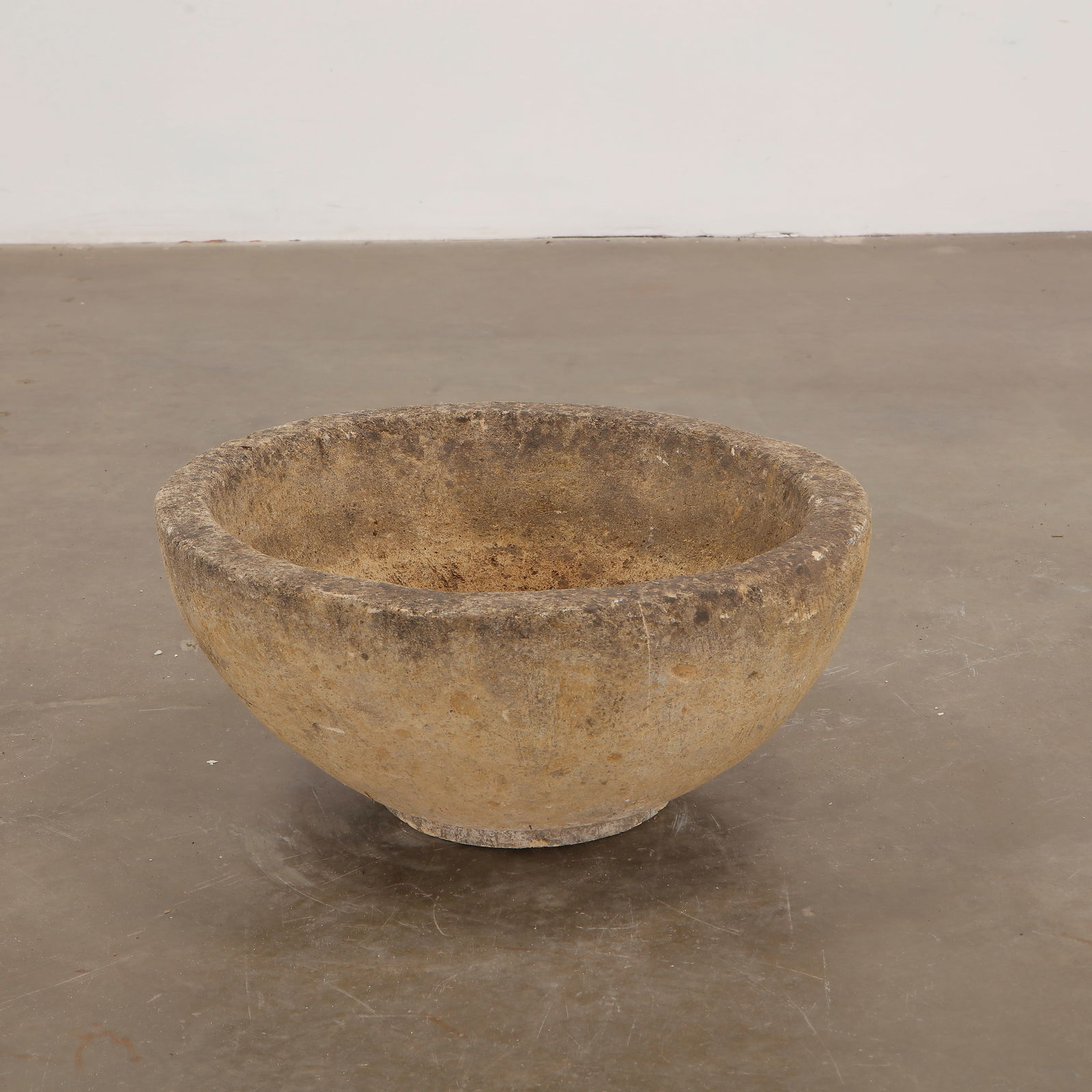Large Limestone Bowl Planter, 1960s: Generously scaled limestone bowl planter with a smooth, weathered surface. Substantial presence and rustic charm for larger plantings. Diameter: 23 in. Height: 10.5 in.