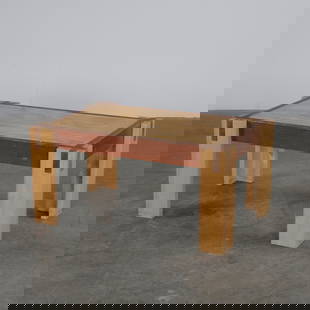 Brutalist Solid Wood Coffee Table in Oak and Mahogany, Attributed to Pierre Chapo, France, c. 1960s: Blocky construction with visible joinery and contrasting wood tones. A sculptural, grounded presence in any interior. Height: 16 in. Length: 32.5 in. Width: 21 in.