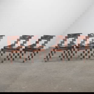 Silvio Coppola, Set of Four Brutalist Chairs in Dark Stained Wood, Italy, c. 1970s: This compelling set of four chairs, by Italian designer Silvio Coppola, exemplifies the Brutalist movement in furniture design. Crafted in richly stained wood with strong angular geometry, they offer