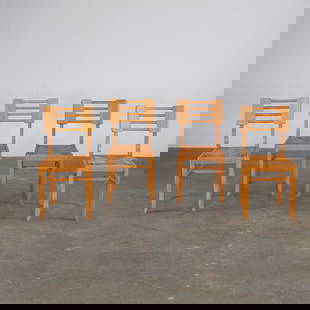 Pierre Cruege, Set of Four Wood Dining Chairs, 1950s: Geometric chairs in solid wood with woven rush seats, by Pierre Cruege. France, 1950s. Height: 33 in. Width: 13.5 in. Depth: 14 in. Seat Height: 17.5 in.