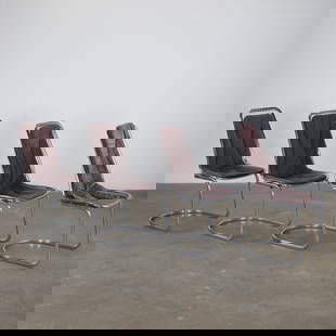 Gastone Rinaldi, Set of Four Metal Dining Chairs with Cushions, 1970s: Set of cantilever dining chairs in tubular chrome with original brown velvet cushions by Gastone Rinaldi. Italy, 1970s. Height: 39.37 in. Width: 18.50 in. Depth: 23.03 in. Seat Height: 15.3 in.