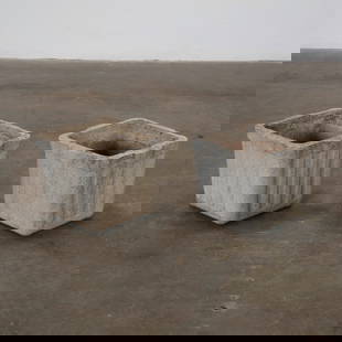 Willy Guhl, Pair of Square Planters, 1960s: Pair of square concrete planter with a weathered finish. A minimalist and striking planter for indoor or outdoor use. Overall Depth: 12.5 in Opening Depth: 9.25 in. Height: 10 in.