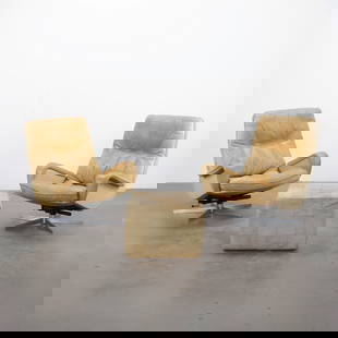 De Sede, Pair of S231 James Bond Swivel Armchairs with Ottoman, 1960s: Iconic pair of De Sede S231 swivel armchairs with matching ottoman, upholstered in patinated beige leather. Switzerland, 1960s.Height: 35 in. Width: 29 in. Depth: 24 in. Seat Height: 22 in. Otoman: He