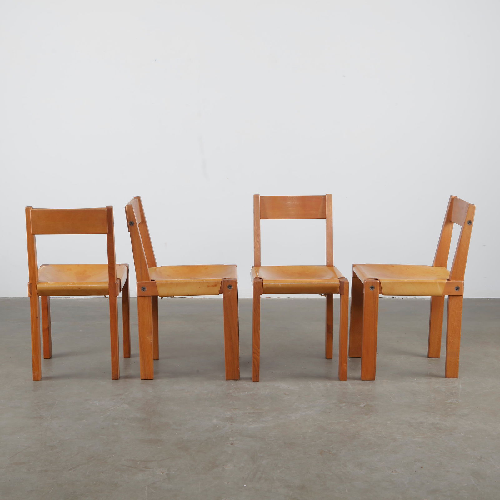 Pierre Chapo, Set of Four S24 Chairs in Solid Elm & Patinated Leather, France, 1970s (1 of 12)