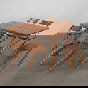 Brutaliste Dining Set attributed to Olavi HANNINEN, 1960s: Rustic dining set in solid pine with : 1 table, 4 chairs, and 2 stools. France, circa 1960. Table: Height: 28.95 in. Length: 46.9 in. Width: 26.8 in. Chairs: Height: 31.5 in. Width: 14.7 in. Depth: 13