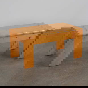 Maison Regain, Wood Coffee Table, 1960s: Solid pine coffee table with clean lines and visible joinery, reflecting the timeless craftsmanship of Maison Regain. France, 1980s. Height: 14 in. Length: 31 in. Width: 20 in.