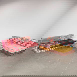 Hans Hopfer for Roche Bobois, 12-Piece Mah Jong Modular Sofa, France, 2010s: An exuberant 12-piece composition from the celebrated Mah Jong line, showcasing a lively blend of floral, stripe, and velvet textures in a freeform lounge configuration. Each: Floor Pillows: Height: 7