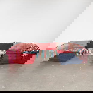 Hans Hopfer for Roche Bobois, 10-Piece Mah Jong Modular Sofa, France, 2010s: A rare and monumental 10-piece installation of the Mah Jong sofa system, highlighting Hopfer’s signature layering technique and exuberant textile palette. Floor Pillows: Height: 7 in. Width: 37.5 in