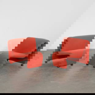 Etienne Fermigier, Pair of Red Armchairs "Actual" Model, 1960s: Pair of "Actual" model armless chairs with a metal frame fully upholstered in red mottled Kvadrat fabric, latex foam interior, and flattened black plastic ball feet. Height: 29.5 in. Width: 25.6 in. D
