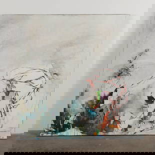Jess Black, Danske Sommer, 2014: Acrylic and charcoal on canvas. A serene yet dynamic abstraction, evoking Nordic landscapes with soft whites, forest greens, and delicate pastel accents. Signed, with certificate of authenticity. Heig