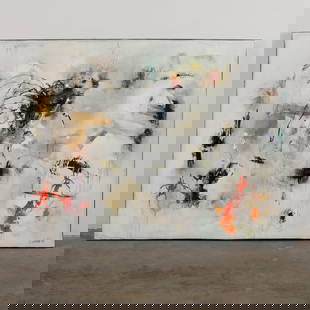 Jess Black, Emancipation, 2012: Acrylic and charcoal on canvas. A turbulent composition full of movement and energy, reflecting themes of release and transformation through dramatic layering and bursts of color. Signed, with certifi