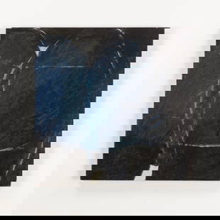 Maurice Perrenoud, Oil Painting, 1964: Oil on wood. A deep interplay of midnight blues and blacks, with gestural white contours evoking an abstract landscape or celestial form. The layering of pigment creates an atmospheric and meditative