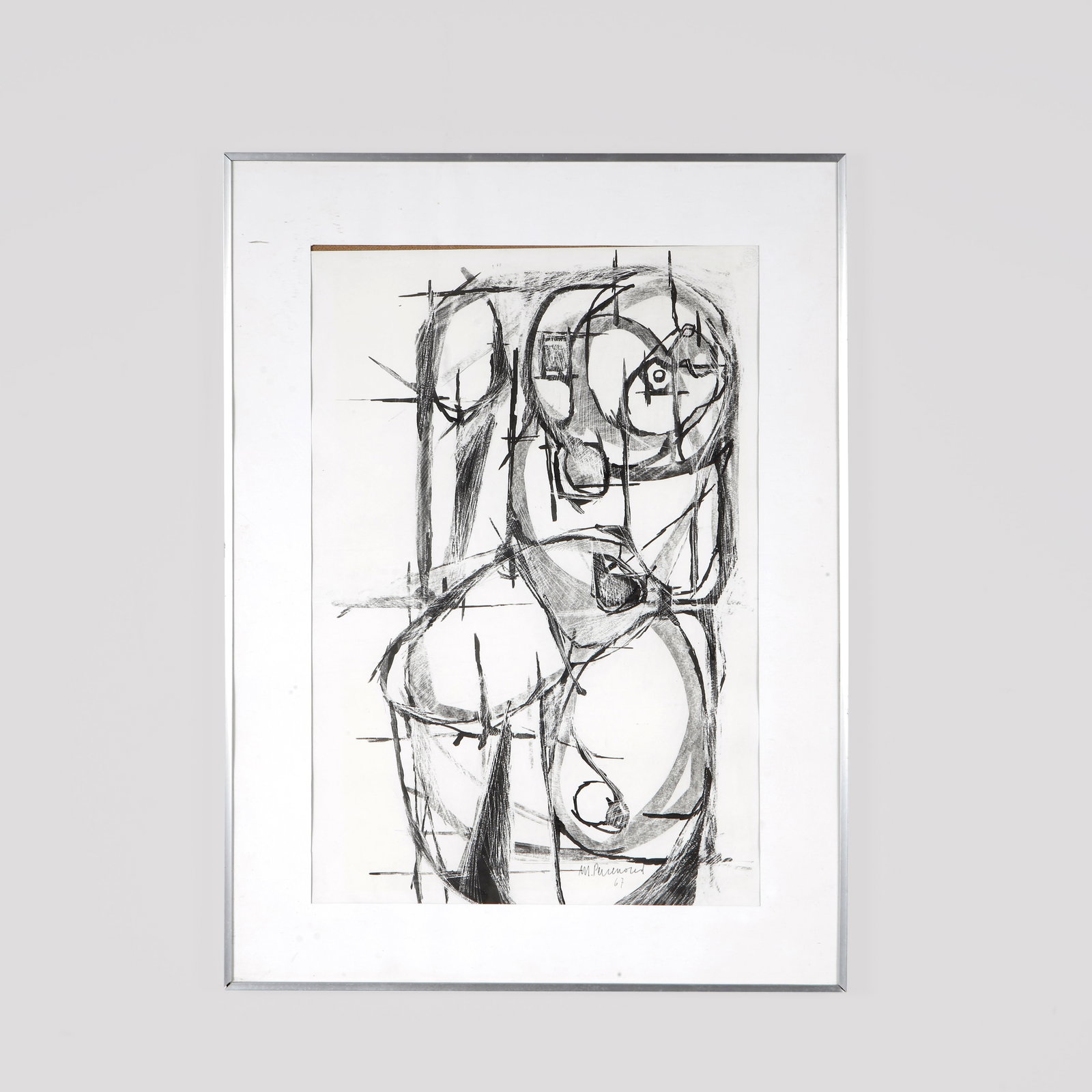 Maurice Perrenoud, Painting, 1960s: Stylized female nude defined by strong black contours. A fluid and architectural composition on paper. Signed. Height: 30 in. Width: 20.5 in.