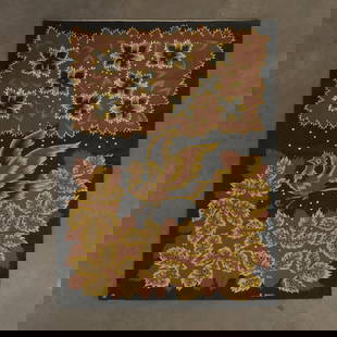 R. Hurtu, Printed Tapestry, 1960s: Striking mid-century printed tapestry by R. Hurtu, featuring a stylized bird in flight among bold floral and foliage motifs. Rich autumnal tones and graphic composition define this decorative textile.