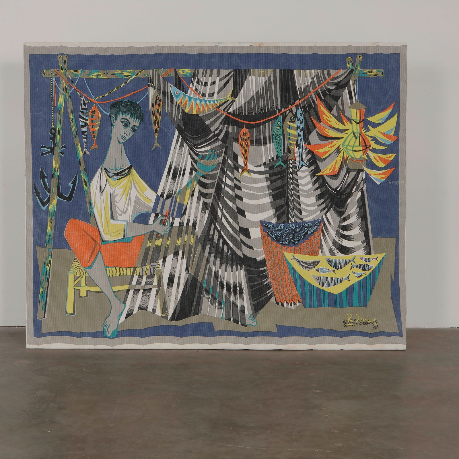 Robert Debieve, Hand Printed Tapestry, Les Remailleur de Filets, 1960s (1 of 4)