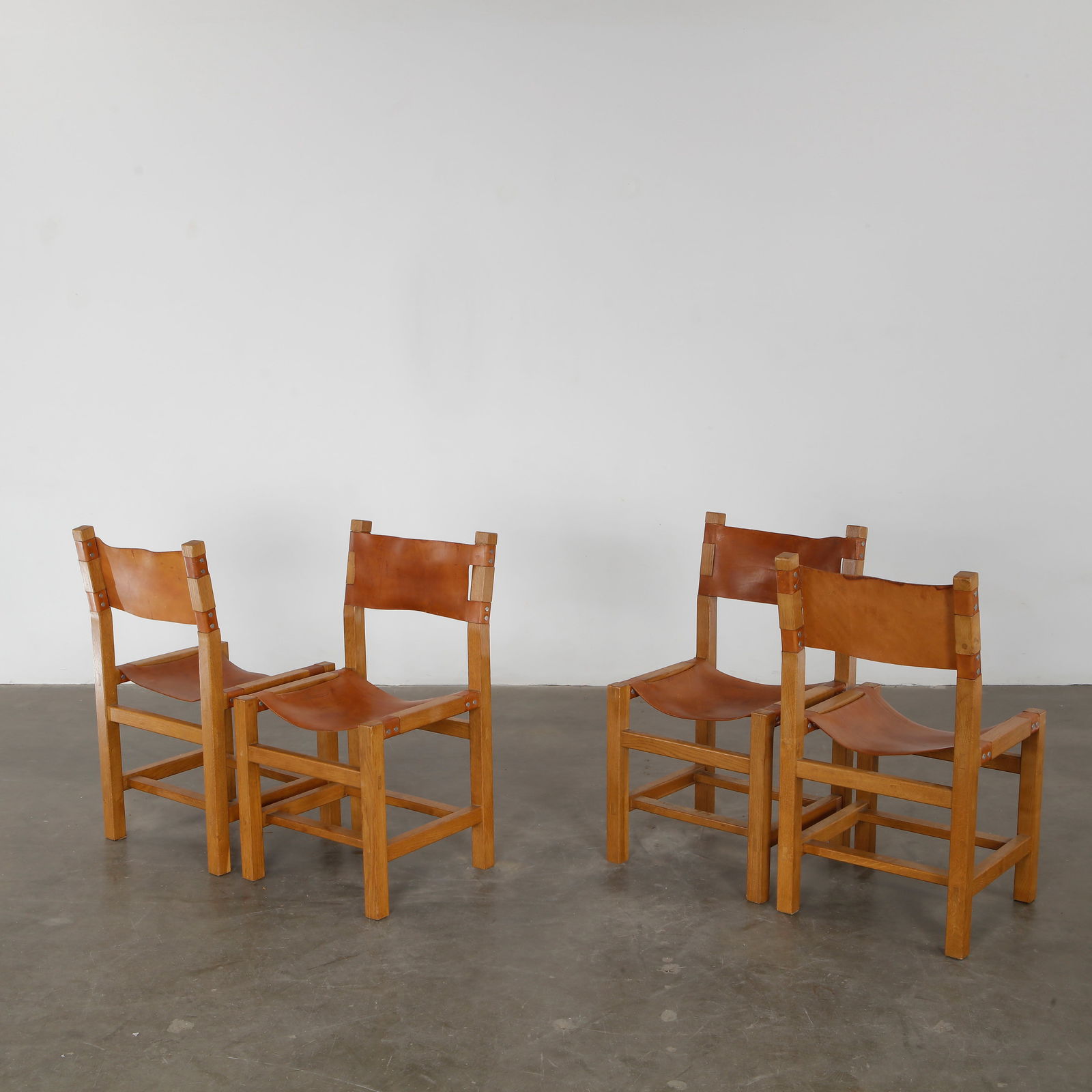Maison Regain, Set of Four Elm and Leather Chairs, 1960s (1 of 18)