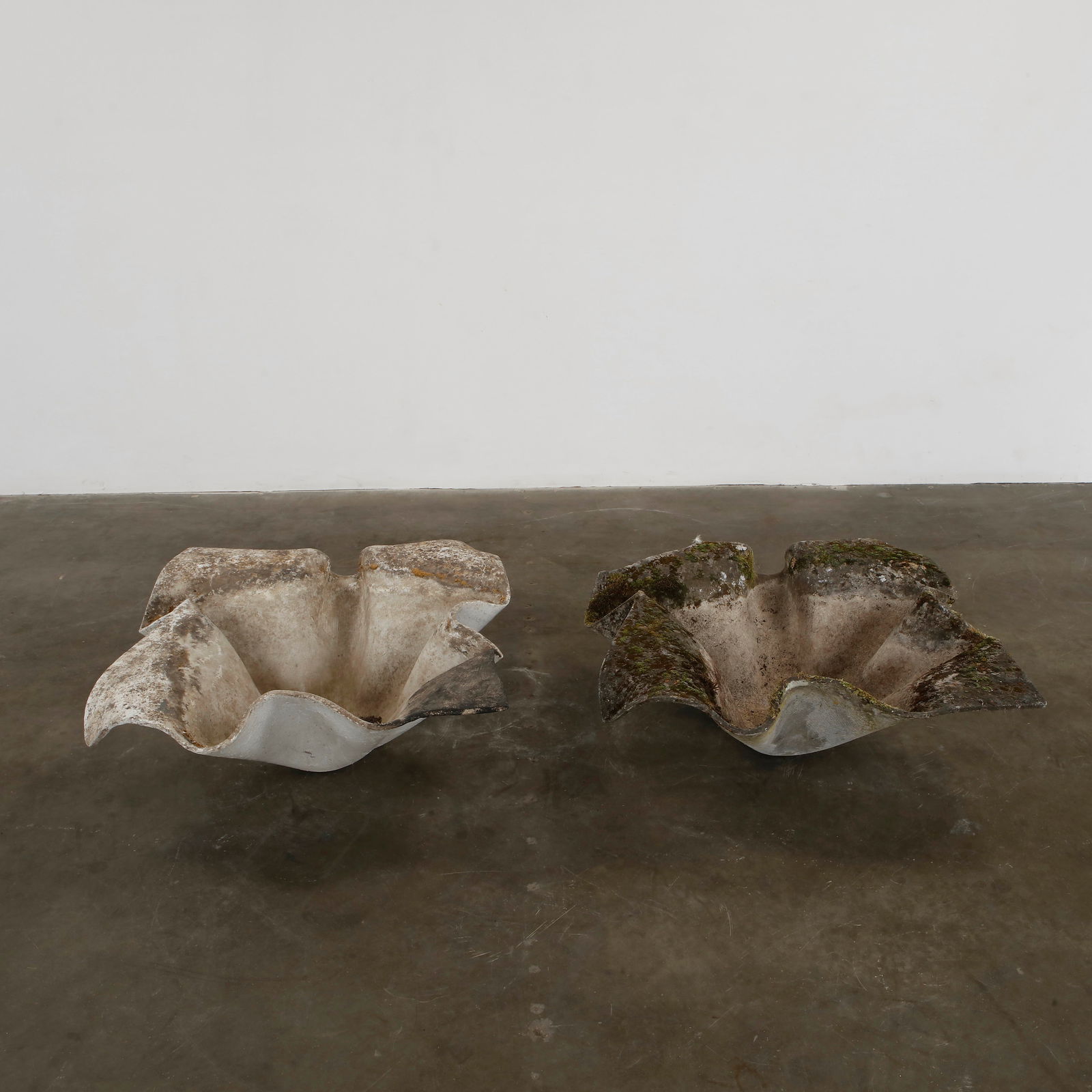 Willy Guhl, Pair of Tall Elephant Ears Planters, 1960s: Pair of Large Elephant Ear planters, also known as handkerchief planters, by Willy Guhl for Eternit, Switzerland circa 1960. Factory-drilled drainage holes. Wonderful patina. Height: 12.6 in. Width: 3