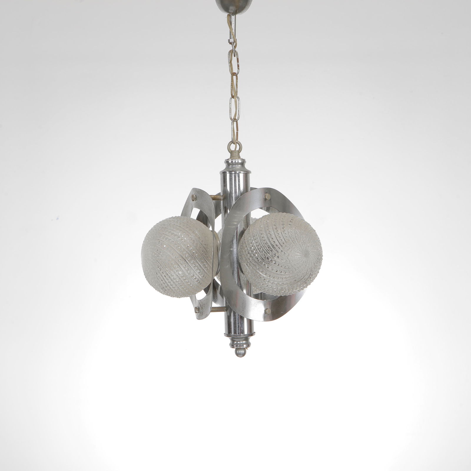 1970s Chrome and Glass Pendant Attributed to Veca, 1970s: Sleek pendant light featuring chrome structure and layered glass elements, attributed to Veca. A true statement piece from 1970s Italy. Height: 23 in. Diameter: 10 in.
