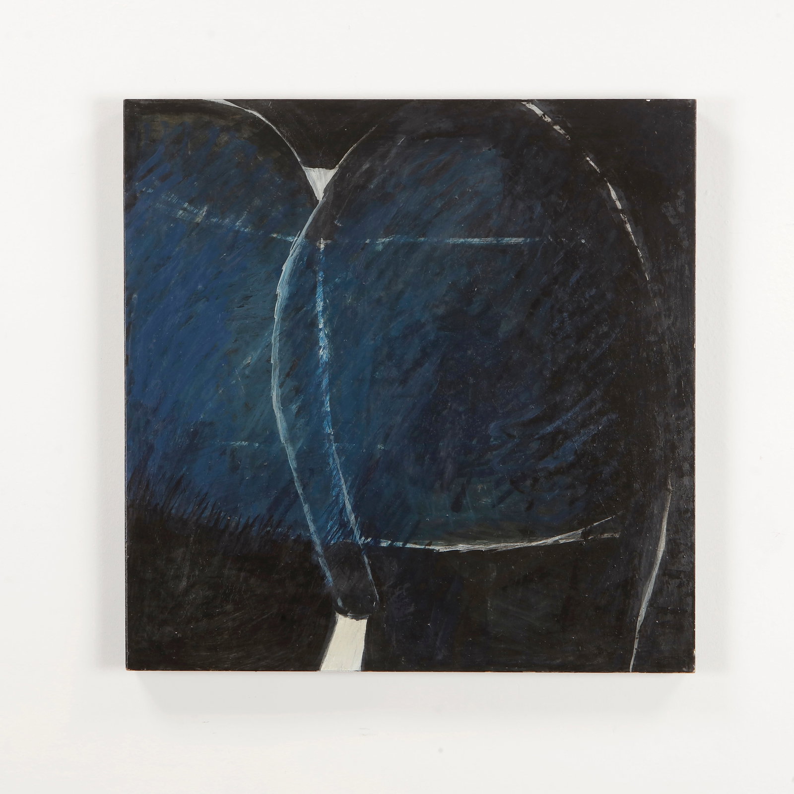 Maurice Perrenoud, Oil Painting, 1964: Oil on canvas. A deep interplay of midnight blues and blacks, with gestural white contours evoking an abstract landscape or celestial form. The layering of pigment creates an atmospheric and meditativ