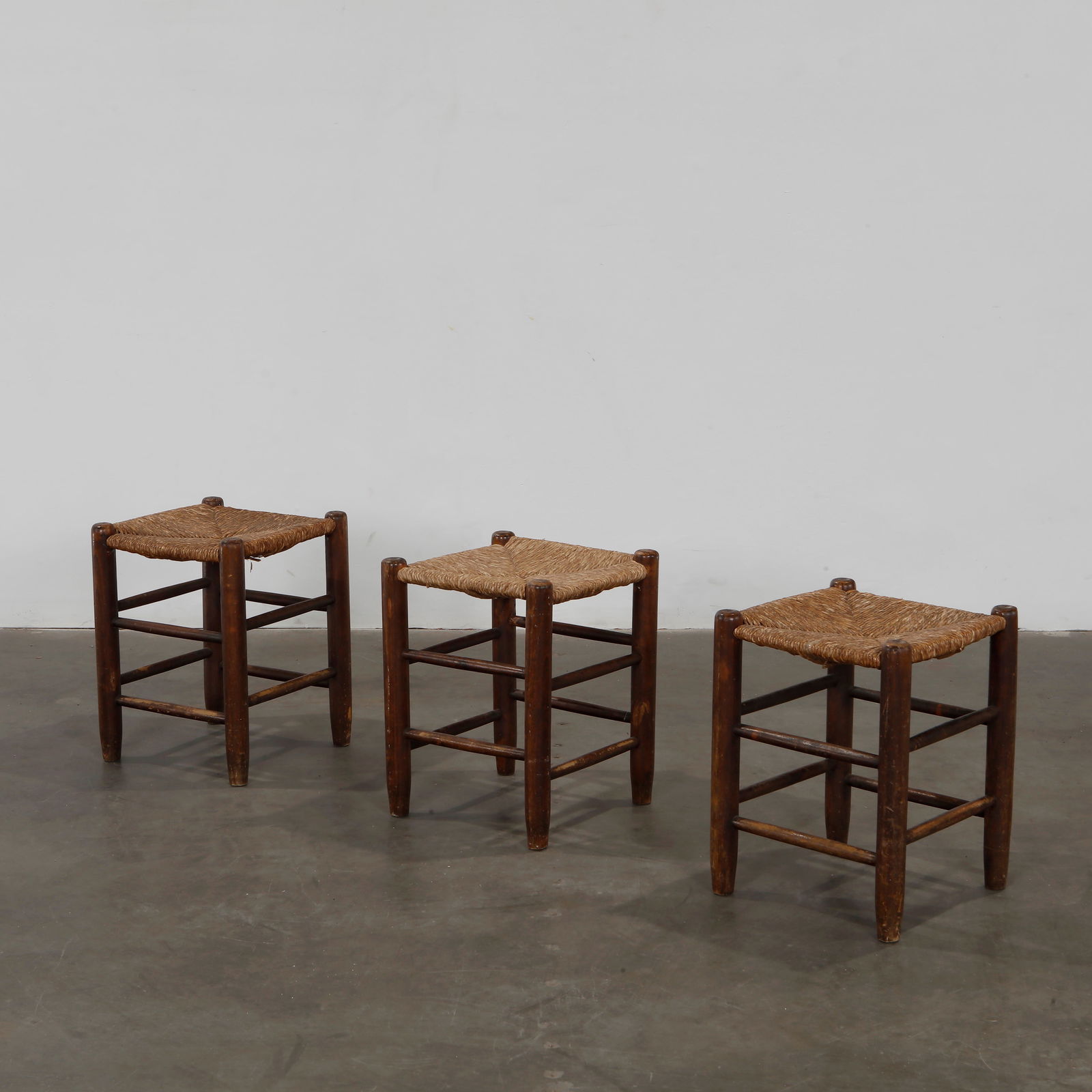 Set of 3 Stools in the Style of Georges Bauche for Charlotte Perriand, Wood and Straw, 1950s (1 of 7)