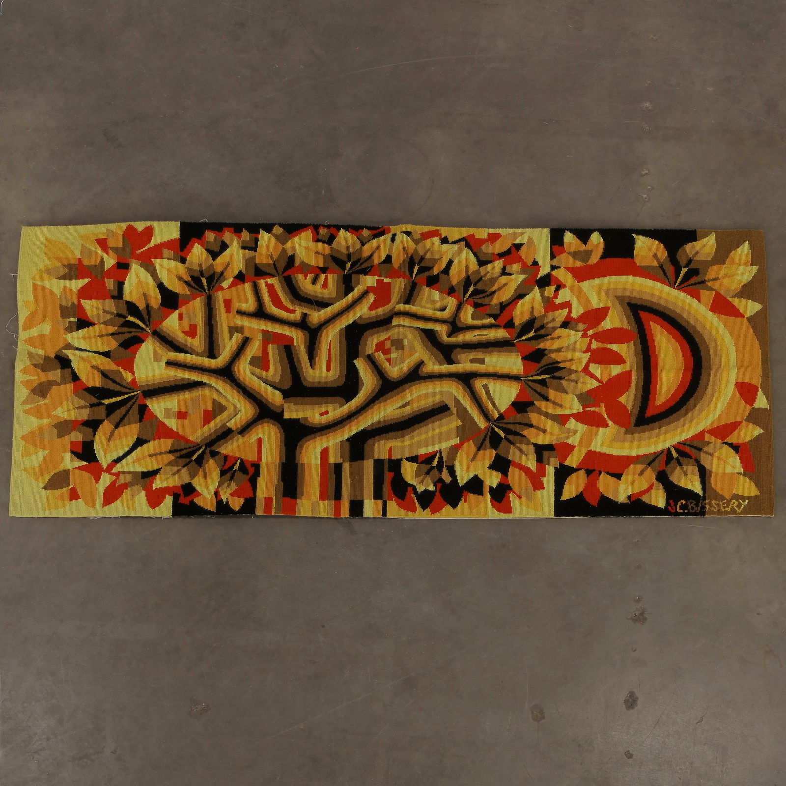 Jean Claude Bissery, Signed Wool Tapestry, Arbre et Soleil Couchant, 1960s (1 of 6)