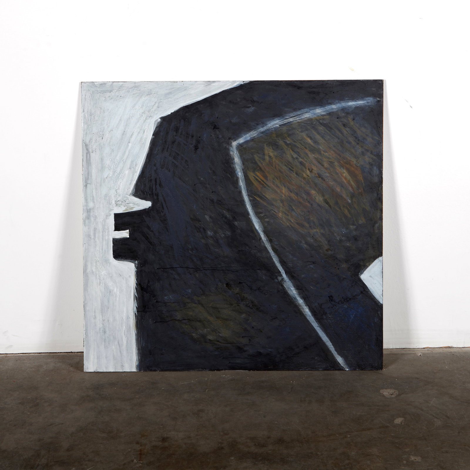 Maurice Perrenoud, Oil Painting, 1963: Large abstract profile rendered in deep blues and blacks, bordered by pale contrasting edges. Signed. Height: 27 in. Width: 27 in.
