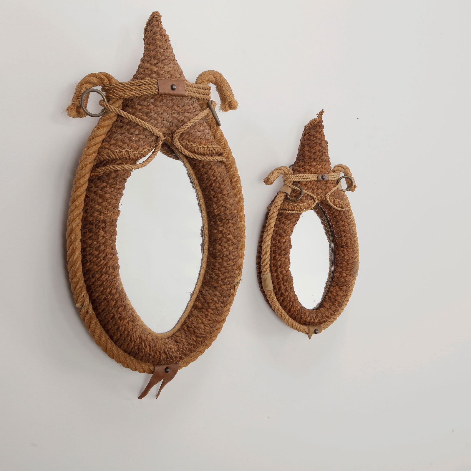 Adrien Audoux & Frida Minet, Pair of Rope-Framed Oval Mirrors, 1960s (1 of 7)