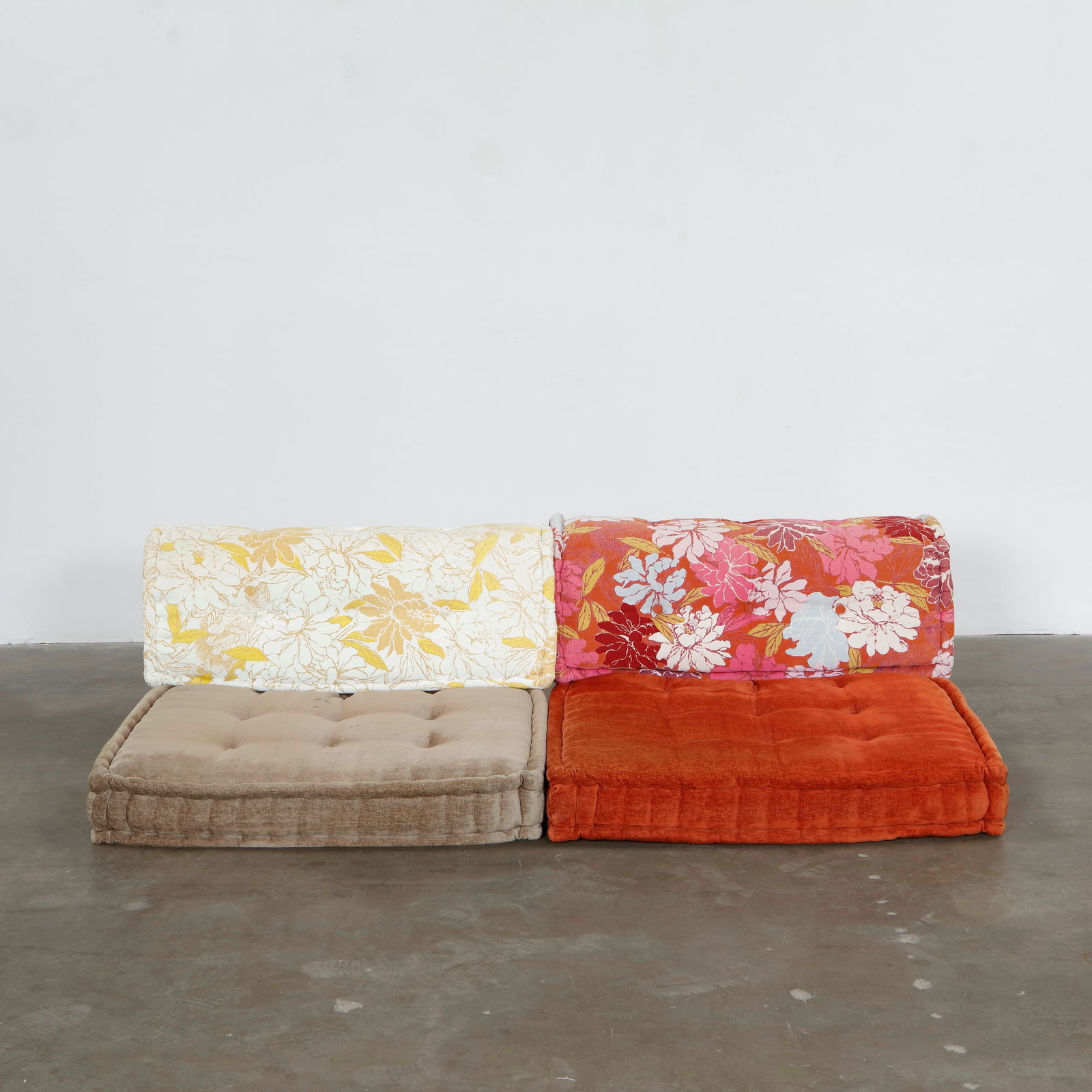 Hans Hopfner for Roche Bobois, 4 Piece Mah Jong, 2000s: 4-piece installation of the Mah Jong sofa system, highlighting Hopfer signature layering technique and exuberant textile palette. Floor Pillows: Height: 7 in. Width: 37.5 in. Depth: 37.5 in. Back Rest