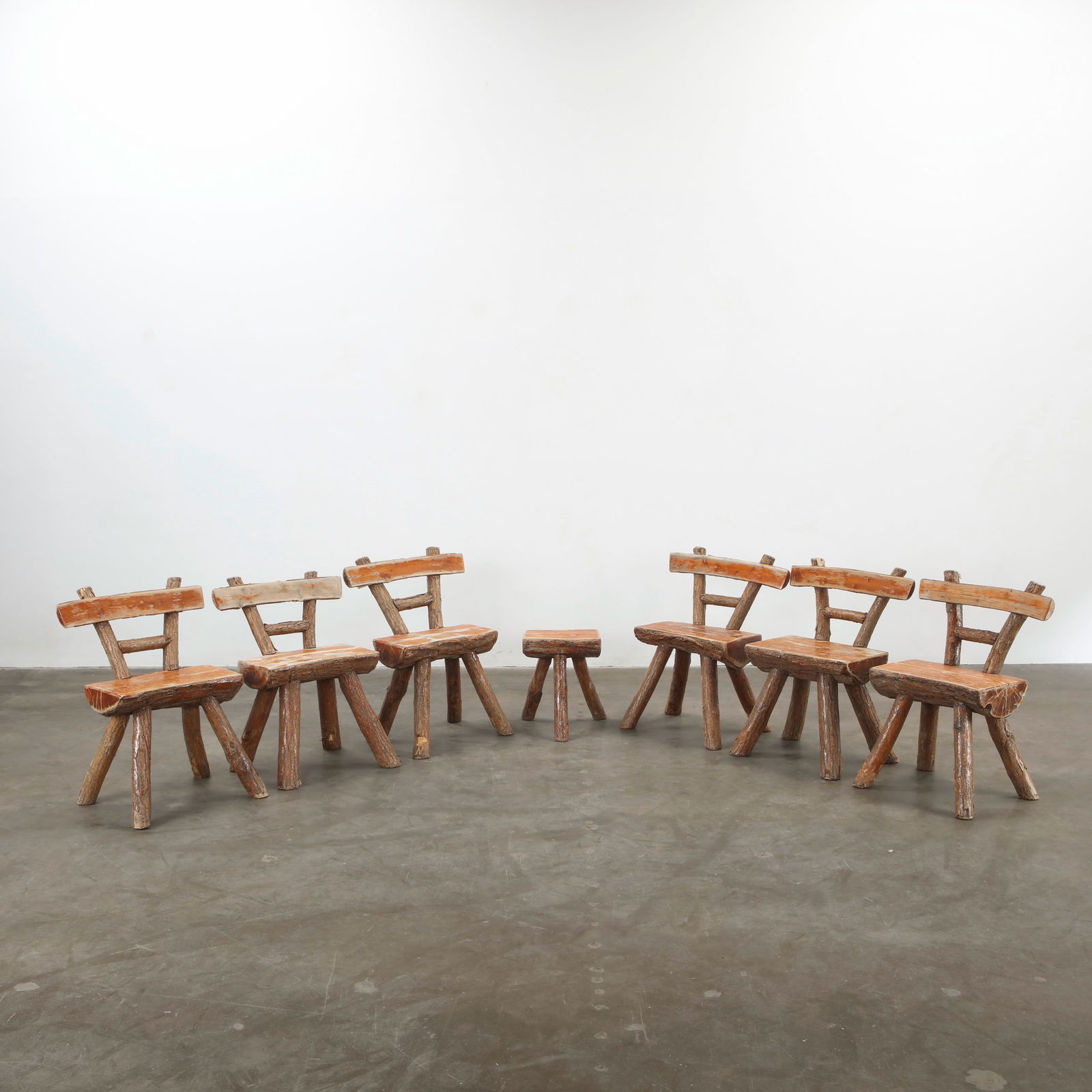 Rustic Lodge Dining Set of Six Handcrafted Log Chairs & One Matching Stool, 1960s (1 of 20)