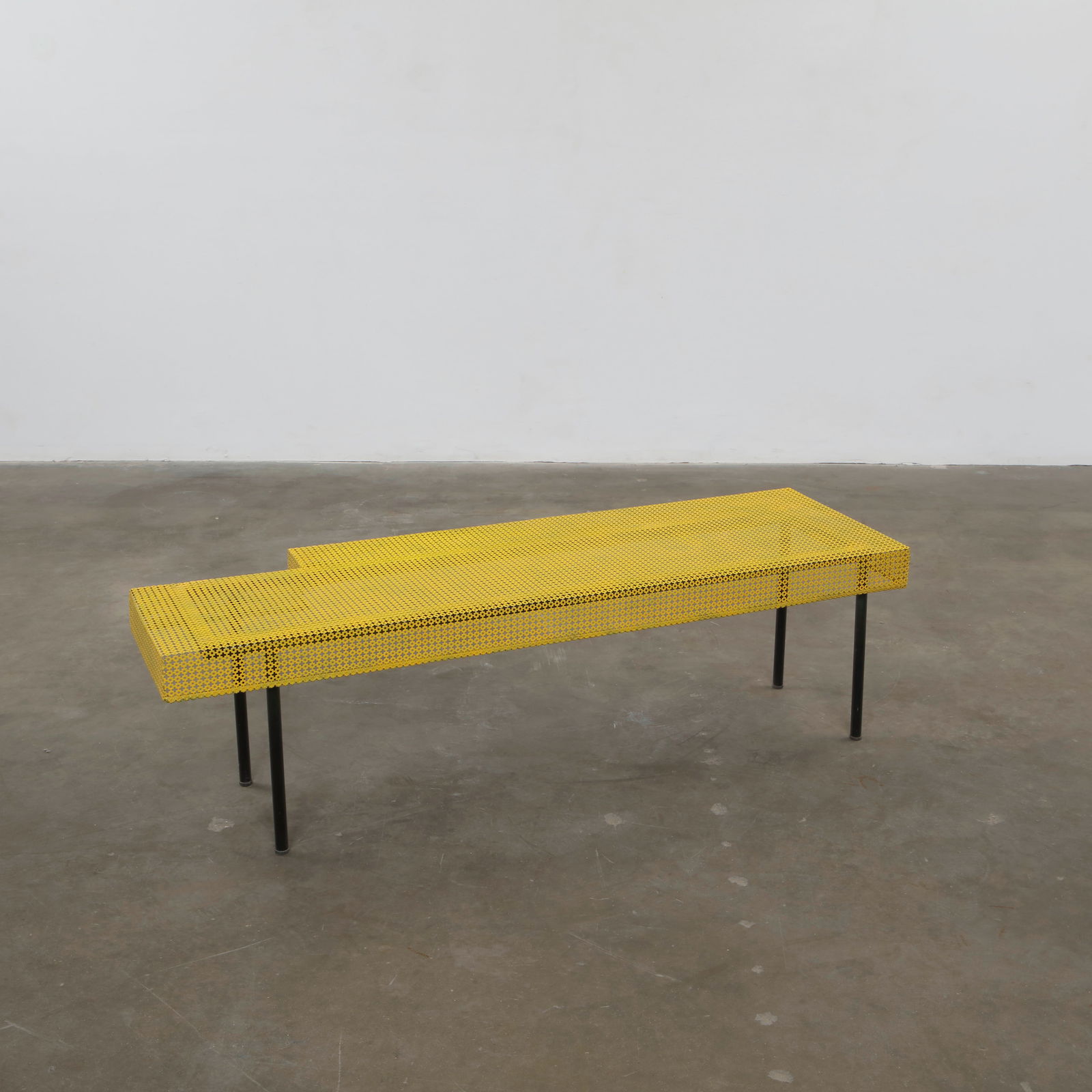 Mathieu Mategot, Perforated Metal Coffee Table, France, 1950s: Executed in perforated sheet metal with a mat finish, this table showcases Mategot mastery of Rigitulle. The rhythmic patterning and slender legs create a poetic balance between utility and transparen